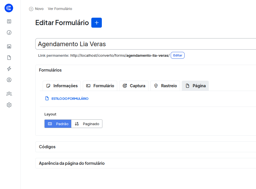 Aba Página do formulário com o campo Layout (Padrão ou Paginado) e, abaixo, as caixas Códigos e Aparência da página do formulário.