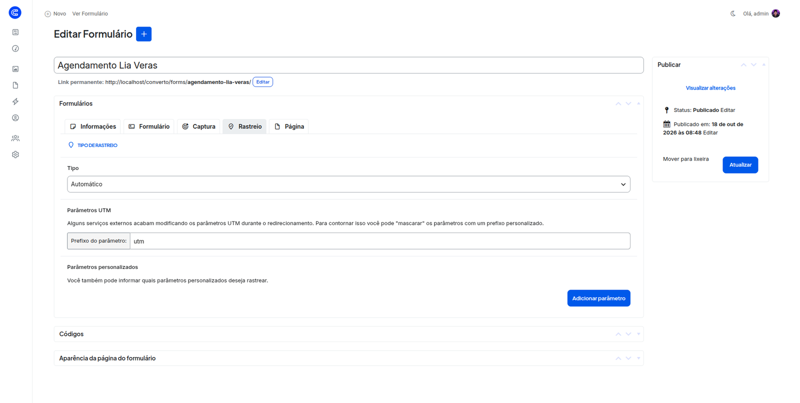 Aba Rastreio com o tipo Automático, o prefixo dos parâmetros UTM (utm) e a lista de parâmetros personalizados com o botão Adicionar parâmetro.