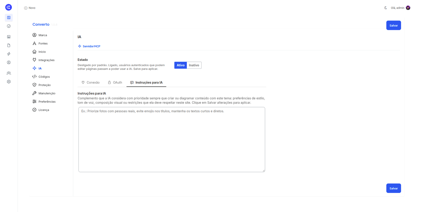 Aba IA, guia Instruções para IA: caixa de texto para as regras do site que a IA deve respeitar.