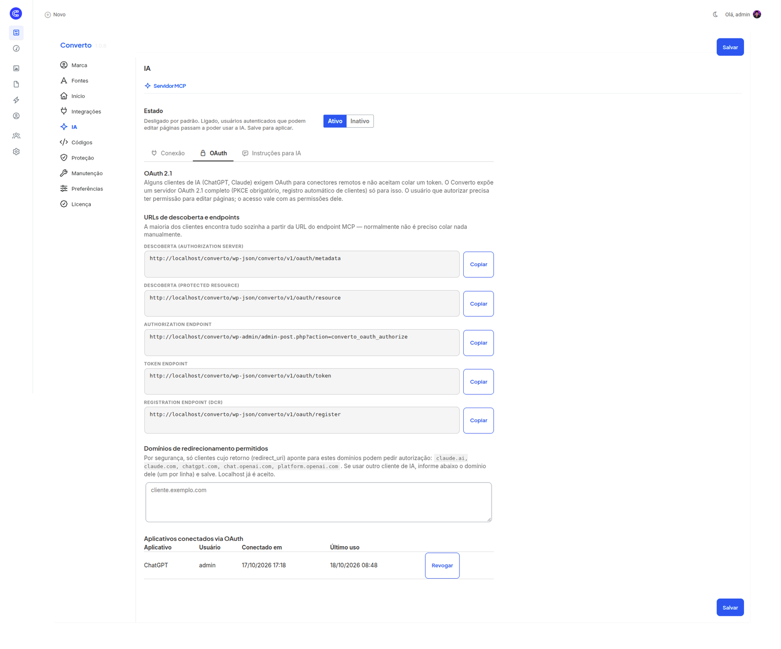Aba IA, guia OAuth: URLs de descoberta e endpoints com botão Copiar, domínios de redirecionamento permitidos e a lista de aplicativos conectados com o botão Revogar.