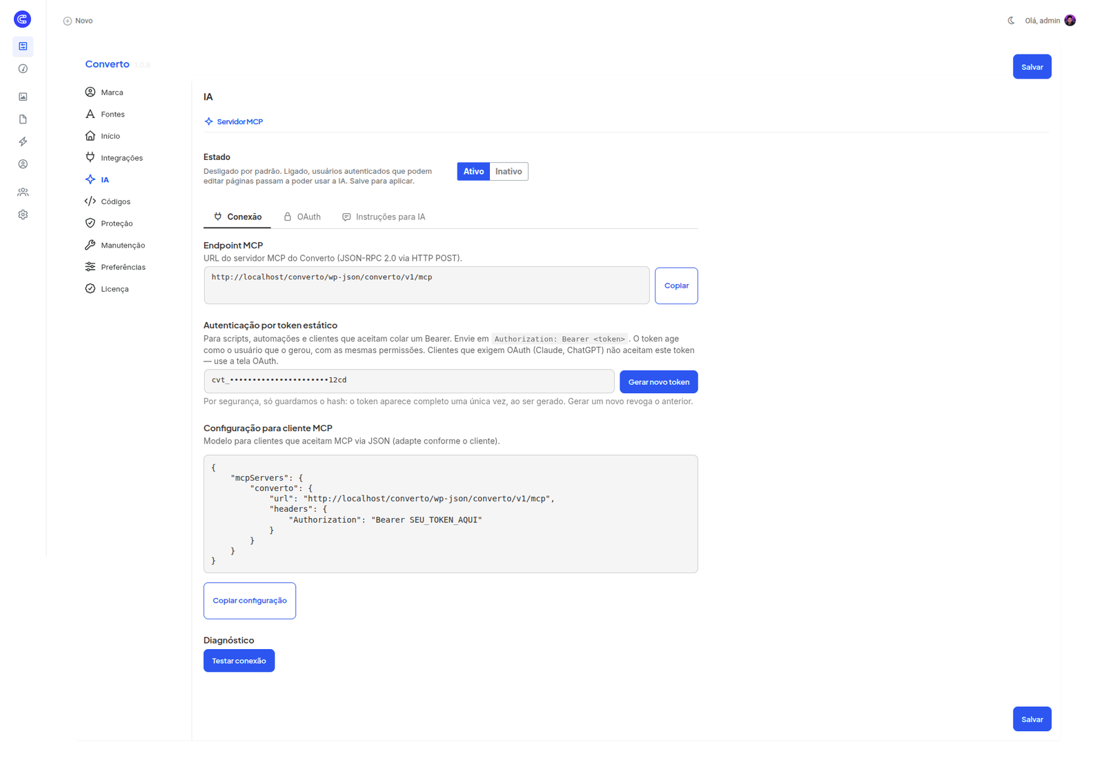 Aba IA, guia Conexão: Endpoint MCP com botão Copiar, token estático com Gerar novo token, configuração JSON para clientes MCP e botão Testar conexão.