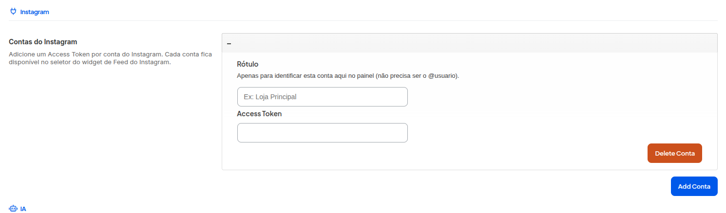 Seção Instagram das integrações: Contas do Instagram com Rótulo, Access Token e os botões Delete Conta e Add Conta.