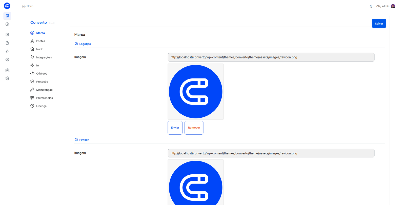 Aba Marca com as seções Logotipo e Favicon, cada uma com o endereço da imagem, pré-visualização e os botões Enviar e Remover.