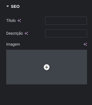 Seção SEO, com os campos Título, Descrição e Imagem.