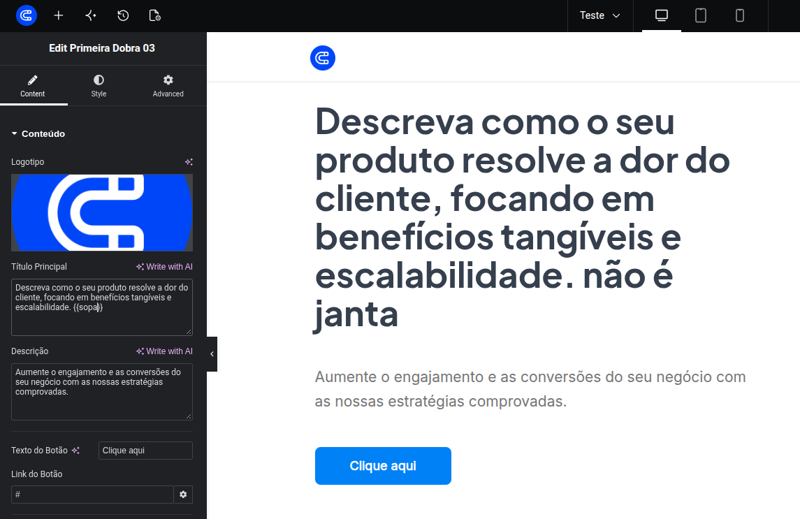 Editor com a variável sopa=não é janta definida em Variáveis; no widget, o texto {{sopa}} aparece já com o valor da variável.