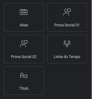 No painel de widgets: Abas, Prova Social 01 e 02, Linha do Tempo e Título.