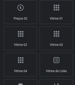 No painel de widgets: Vitrine 01 a 04 e Vitrine de Links.