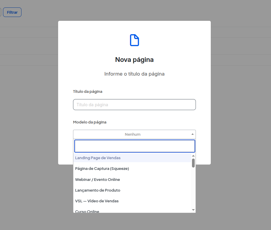 Lista de modelos aberta no campo Modelo da página, com busca e opções como Landing Page de Vendas e Página de Captura (Squeeze).